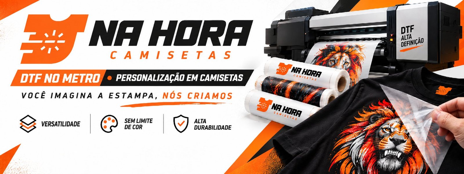 Na Hora Camisetas: DTF no metro e personalização em camisetas. Você imagina a estampa, nós criamos. Versatilidade, sem limite de cor e alta durabilidade.