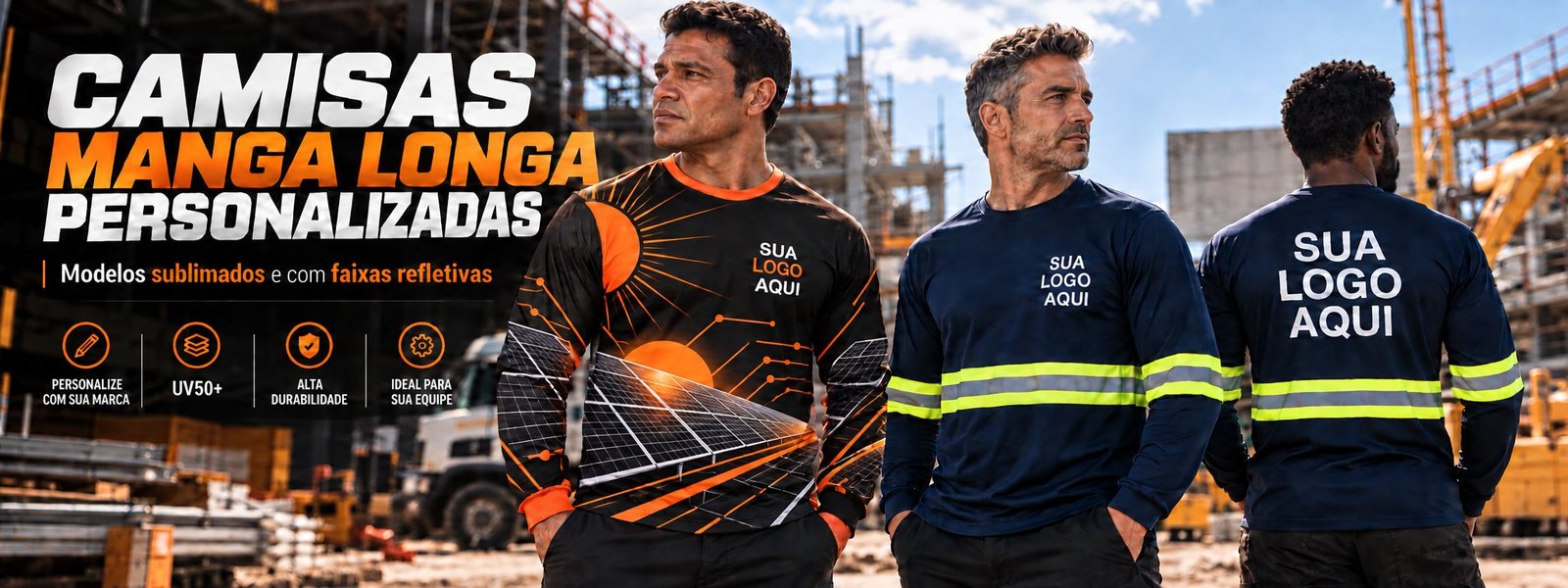 Camisas manga longa personalizadas: modelos sublimados e com faixas refletivas. Personalize com sua marca, proteção UV50+, alta durabilidade, ideal para sua equipe.