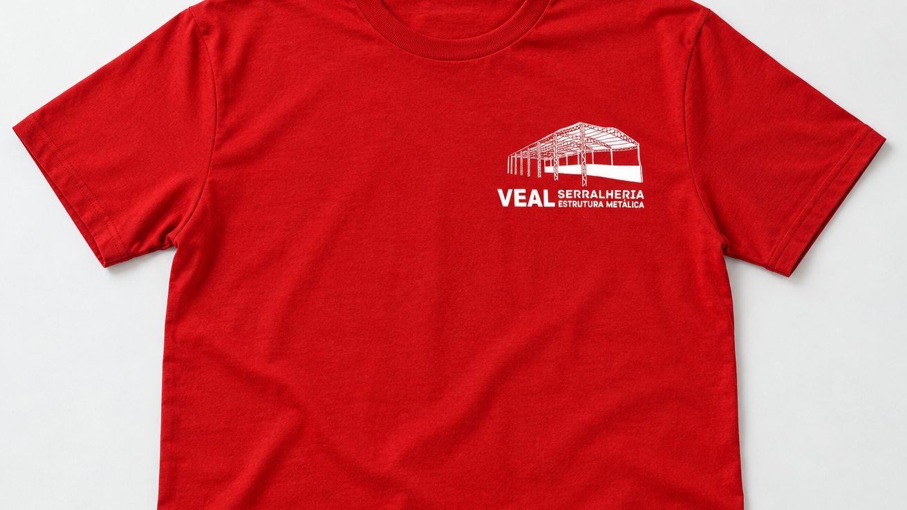 Estampa em silk de uma só cor: logo VEAL Serralheria em branco no peito de uma camiseta vermelha