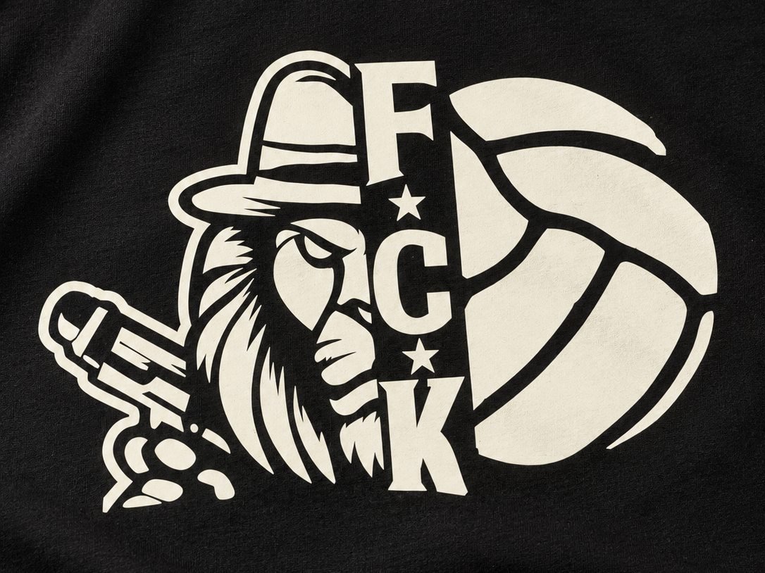 Close de estampa em silk em camiseta preta: arte de leão com bola de vôlei e letras FCK em uma única cor creme