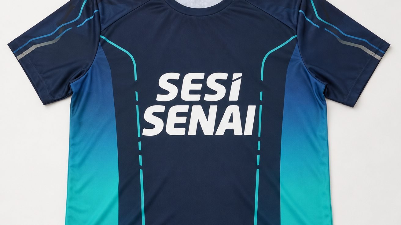 Camisa de time em sublimação full print: fundo azul-marinho com faixas em degradê azul e verde-água e o nome SESI SENAI em branco