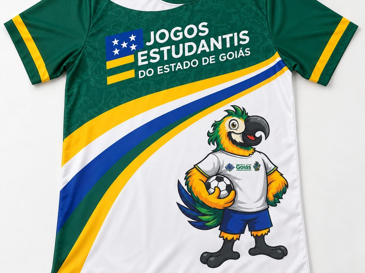 Camisa em sublimação dos Jogos Estudantis do Estado de Goiás: estampa em verde, amarelo e azul com o mascote arara cobrindo a peça toda