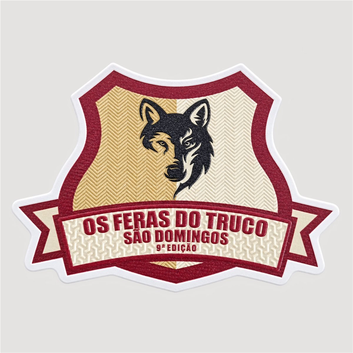 Escudo Os Feras do Truco São Domingos em TPU, com relevo e texturas em vinho e dourado