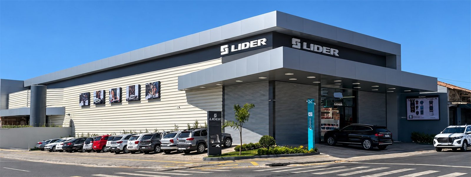 Fachada da Lider Sport em Goiânia: prédio da fábrica e da loja com o letreiro Lider, e o estacionamento na frente
