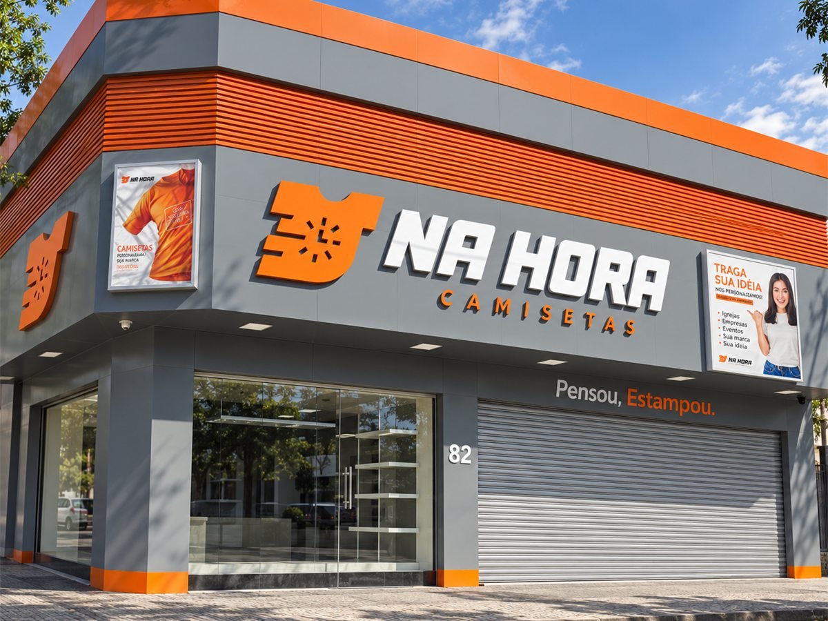 Fachada da Na Hora Camisetas vista da esquina, com o logo laranja e branco e as vitrines da loja