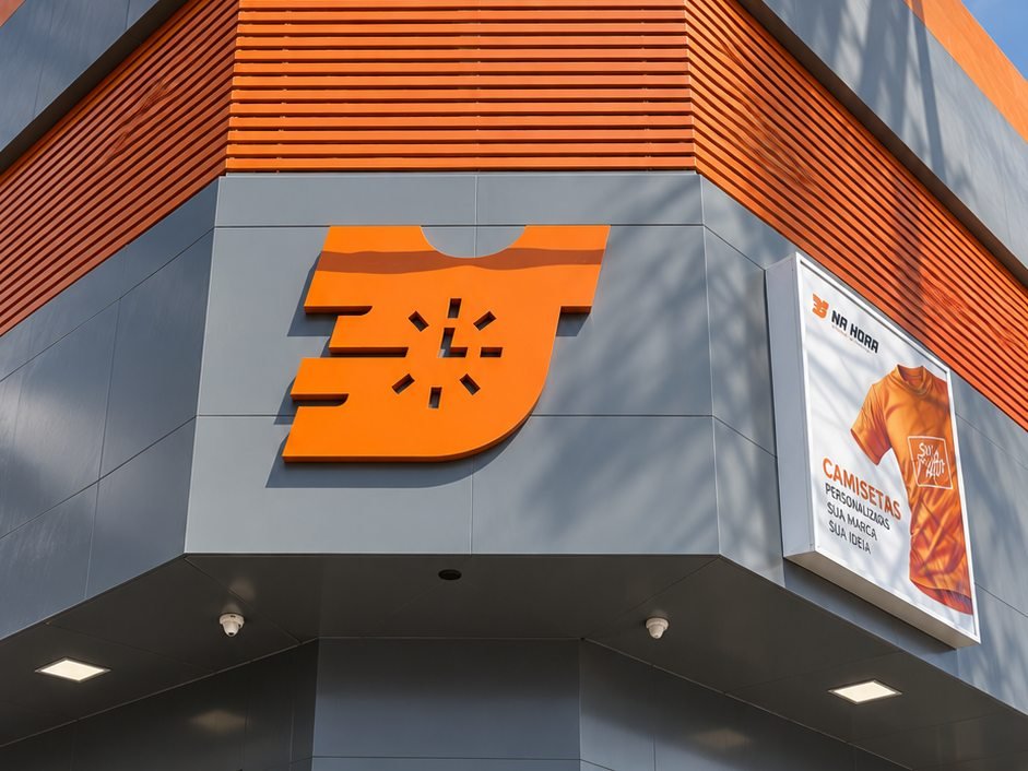 Detalhe da quina da fachada da Na Hora: o símbolo da camiseta em laranja, em relevo, sobre a parede cinza